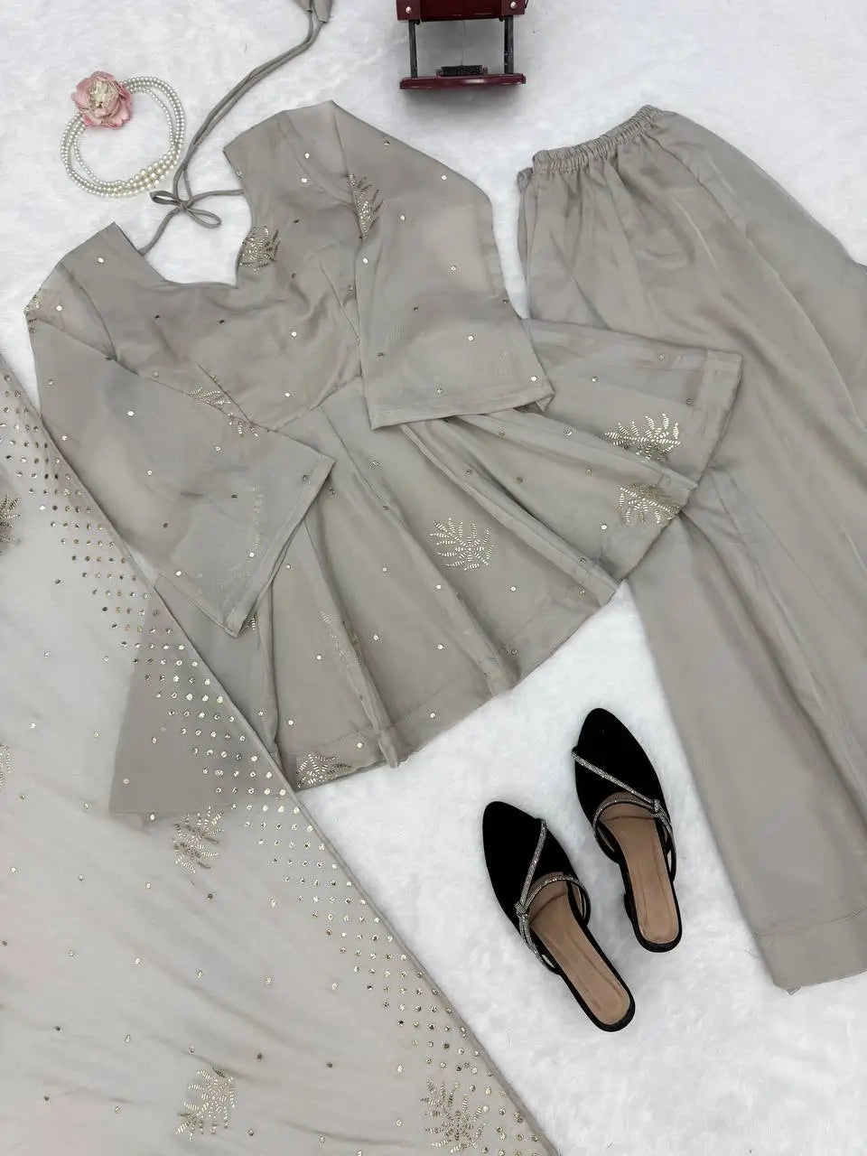 Grey Foil Peplum Sharara Set