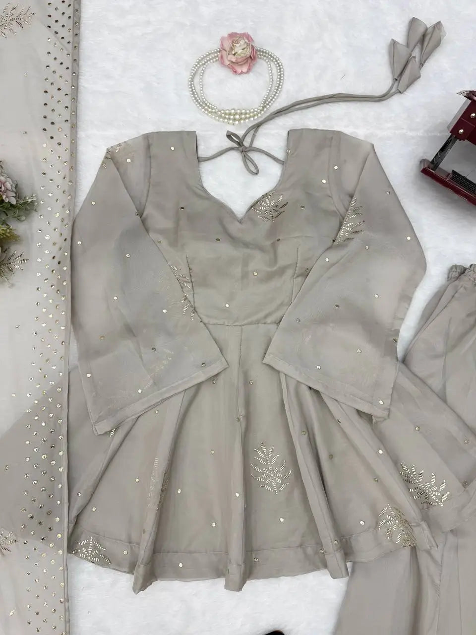 Grey Foil Peplum Sharara Set