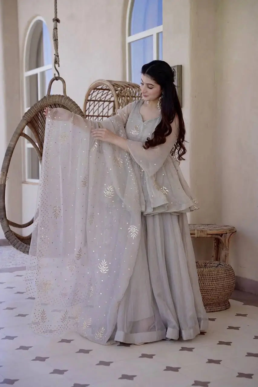 Grey Foil Peplum Sharara Set