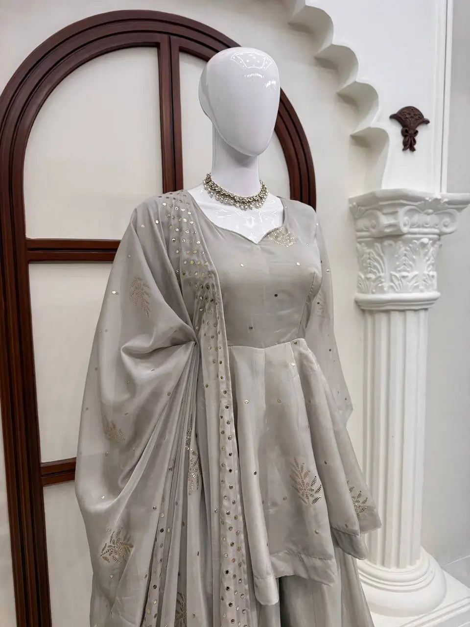 Grey Foil Peplum Sharara Set