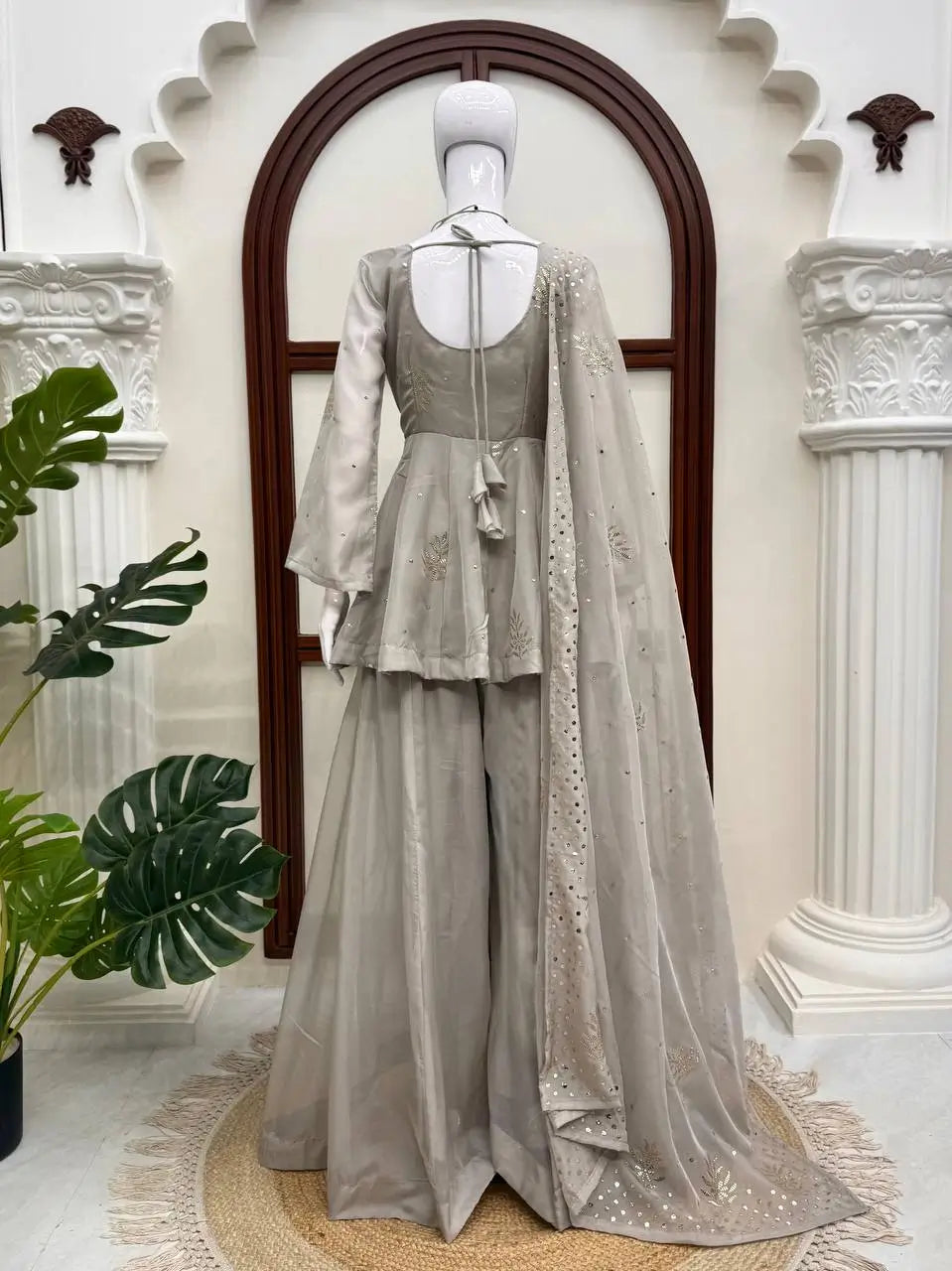 Grey Foil Peplum Sharara Set