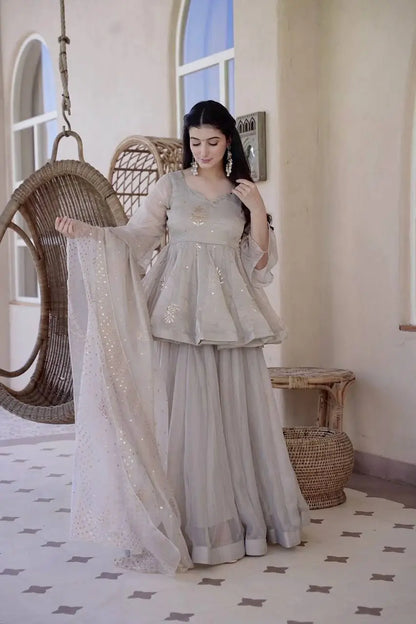 Grey Foil Peplum Sharara Set