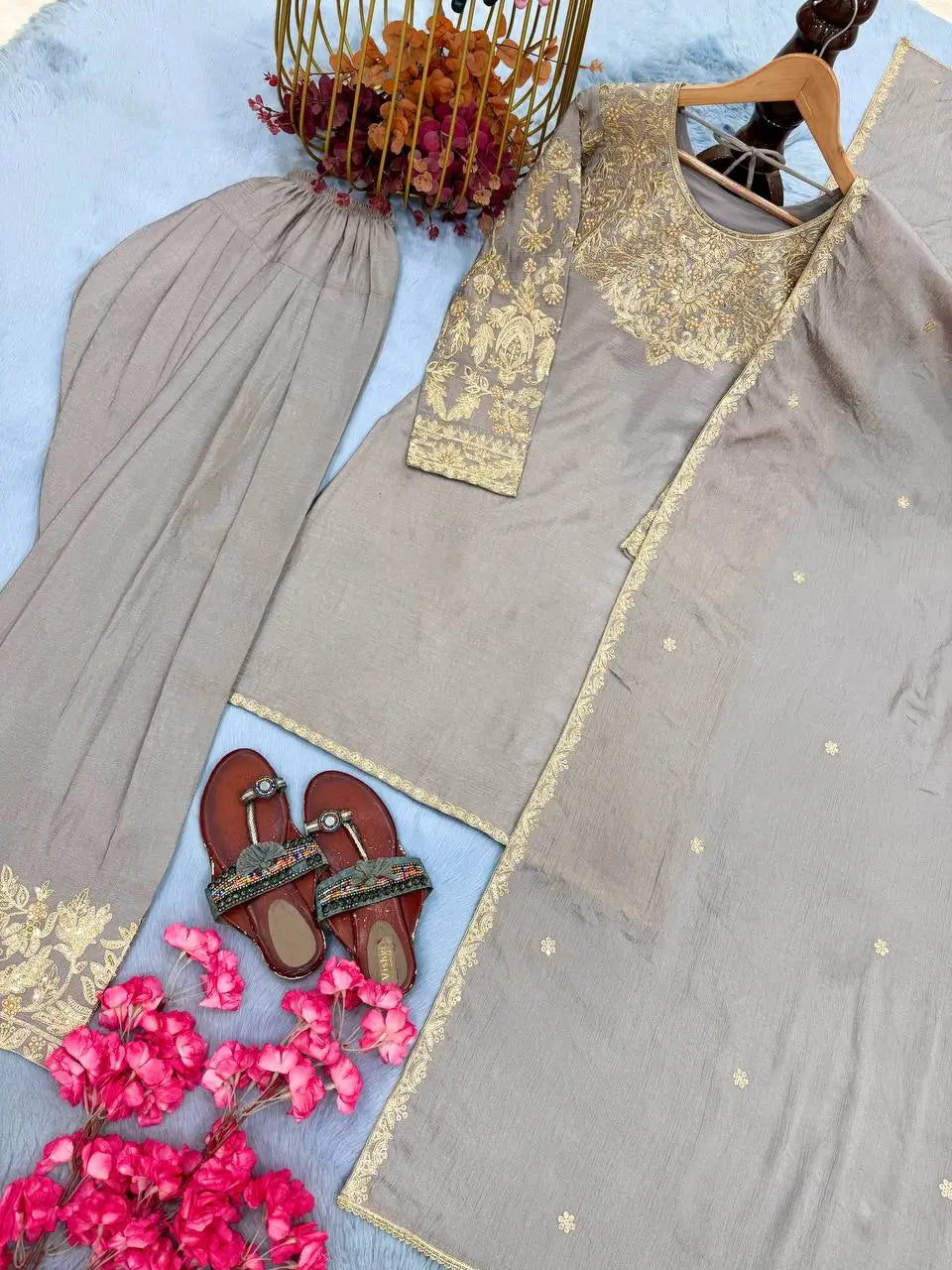 Grey Moti Embroidered Farshi Set