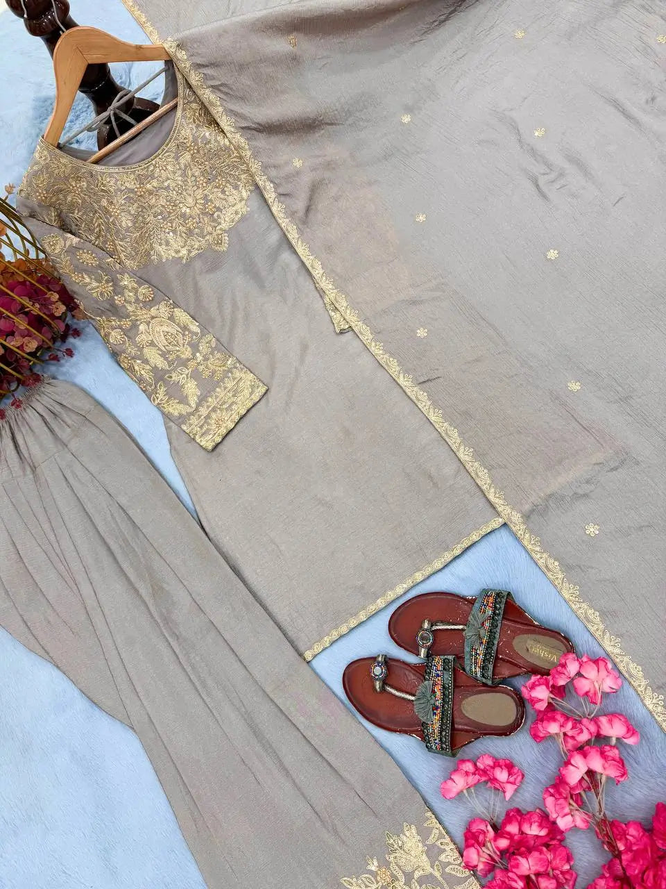 Grey Moti Embroidered Farshi Set