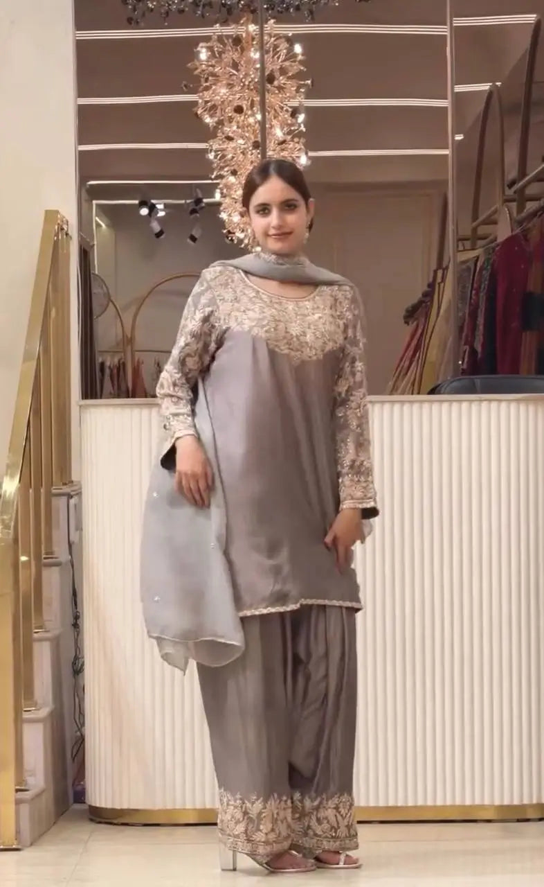 Grey Moti Embroidered Farshi Set