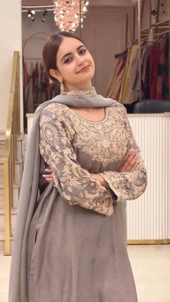 Grey Moti Embroidered Farshi Set