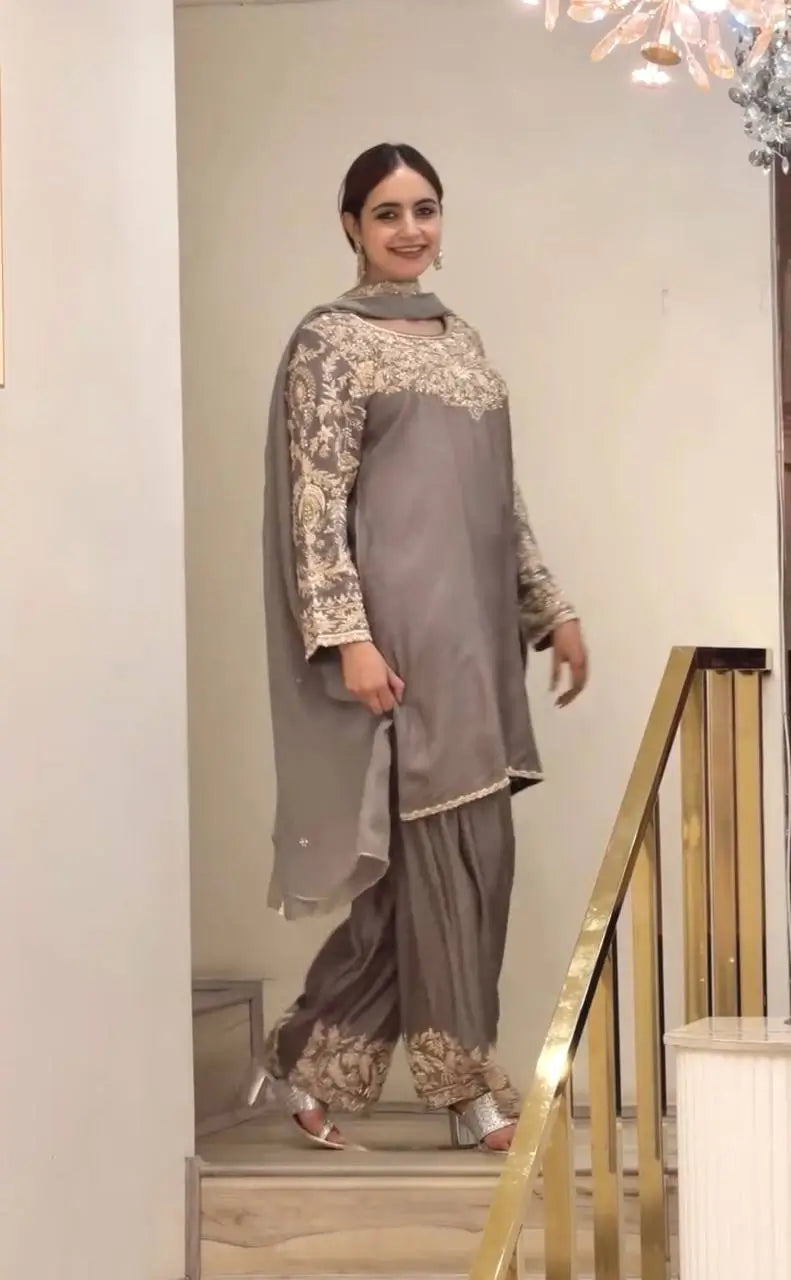Grey Moti Embroidered Farshi Set