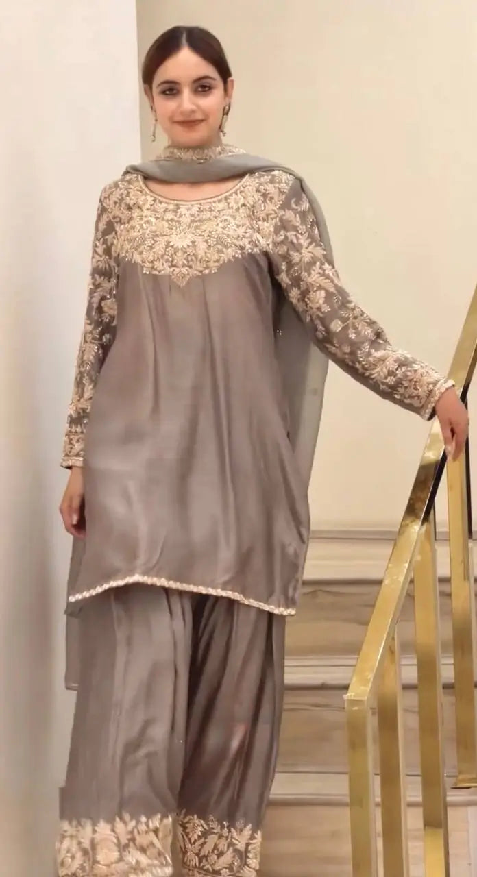 Grey Moti Embroidered Farshi Set