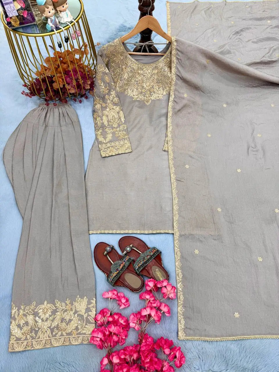 Grey Moti Embroidered Farshi Set