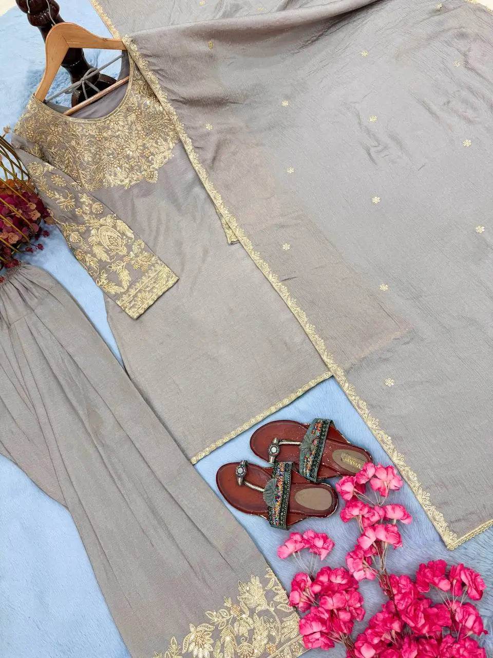 Grey Moti Embroidered Farshi Set