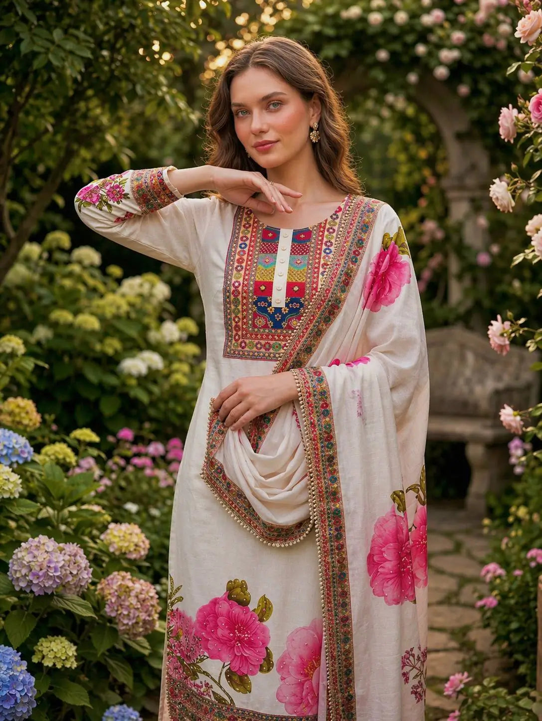 Gulnaar Muslin Cotton Kurta Pant Dupatta Set for Festive and Day Functions