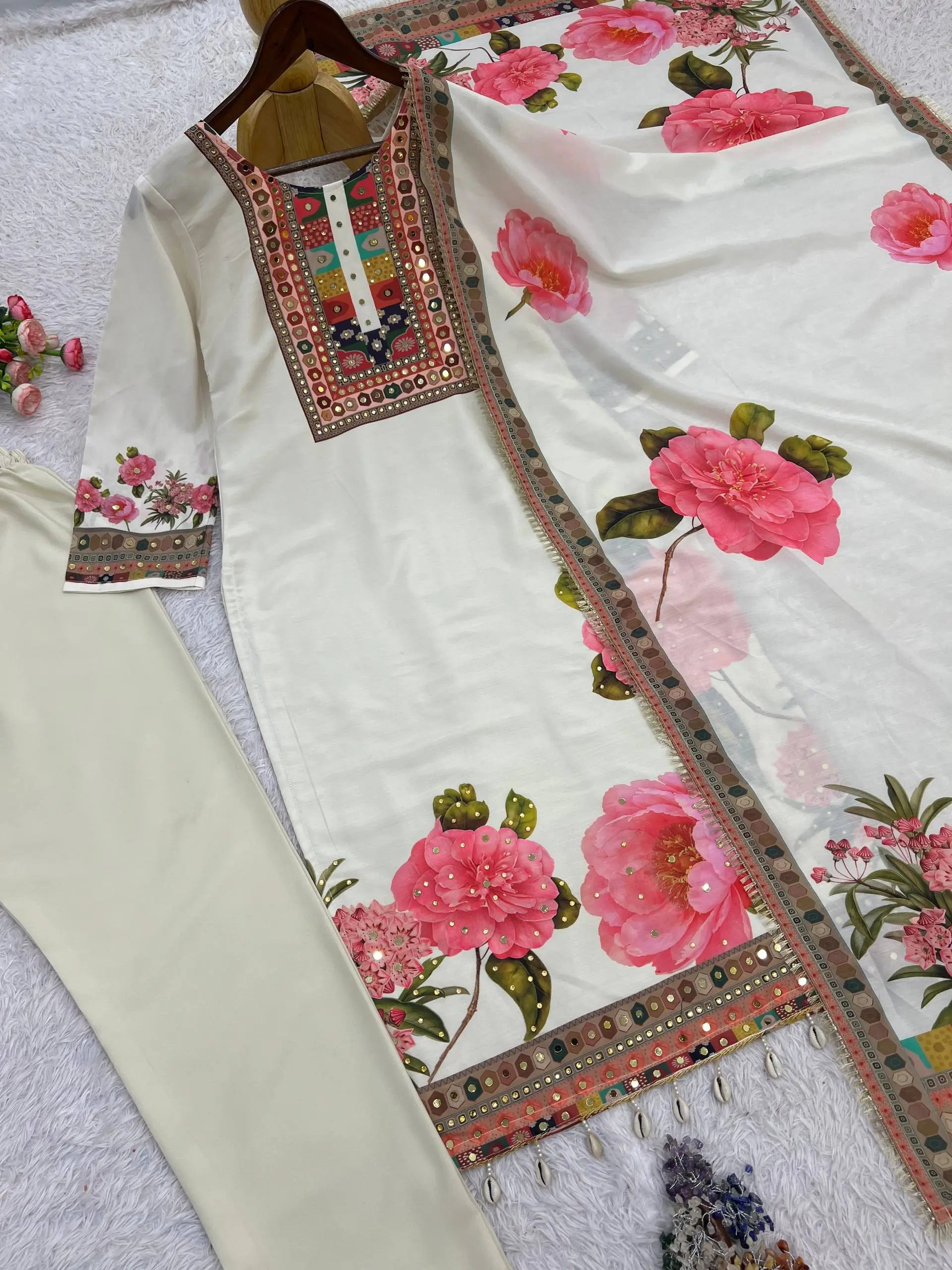 Gulnaar Muslin Cotton Kurta Pant Dupatta Set for Festive and Day Functions