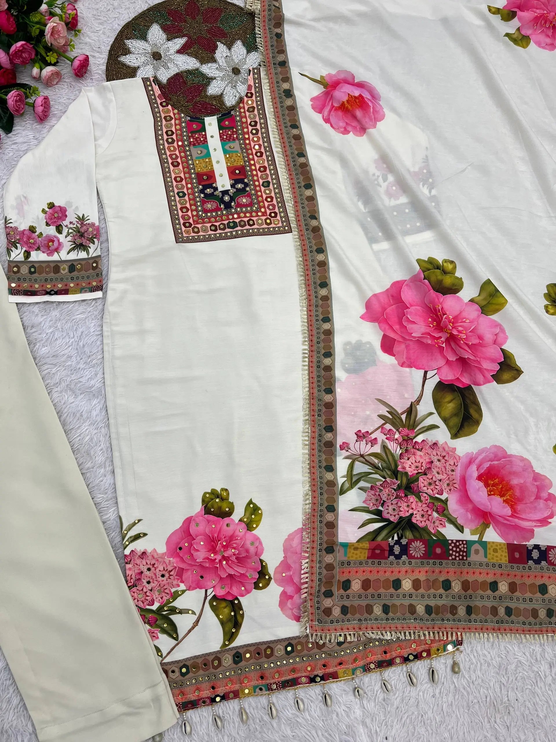 Gulnaar Muslin Cotton Kurta Pant Dupatta Set for Festive and Day Functions
