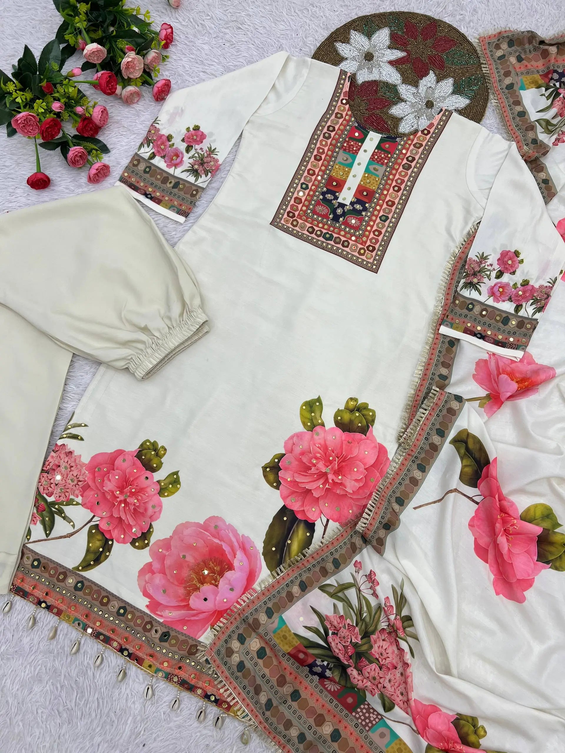 Gulnaar Muslin Cotton Kurta Pant Dupatta Set for Festive and Day Functions