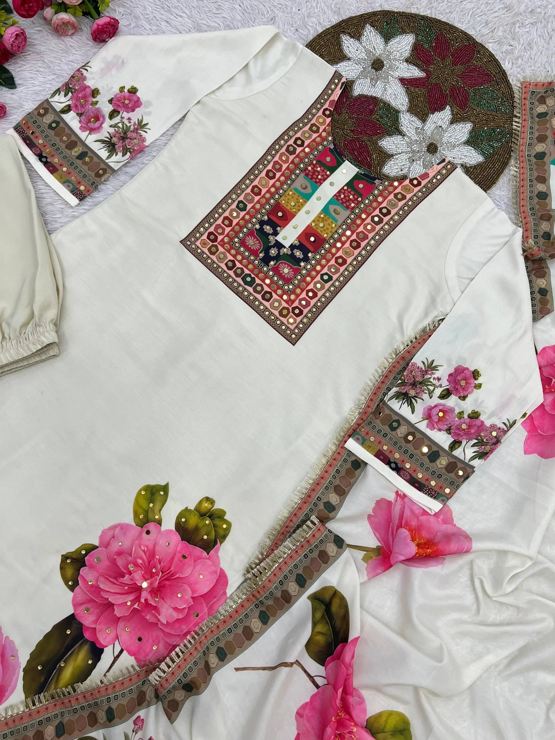 Gulnaar Muslin Cotton Kurta Pant Dupatta Set for Festive and Day Functions