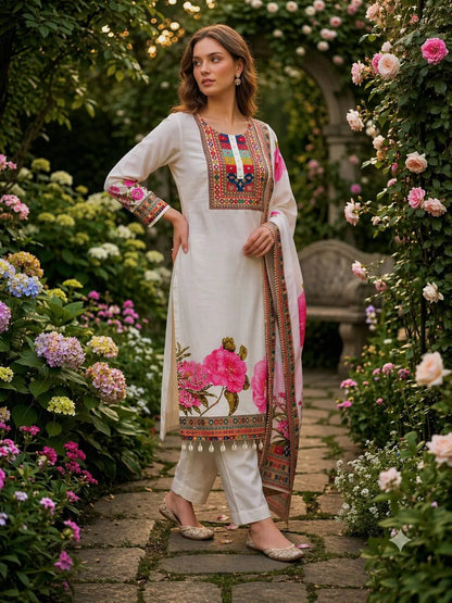 Gulnaar Muslin Cotton Kurta Pant Dupatta Set for Festive and Day Functions