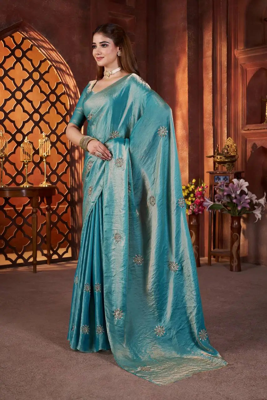 Hand Embroidered Satin Silk Saree