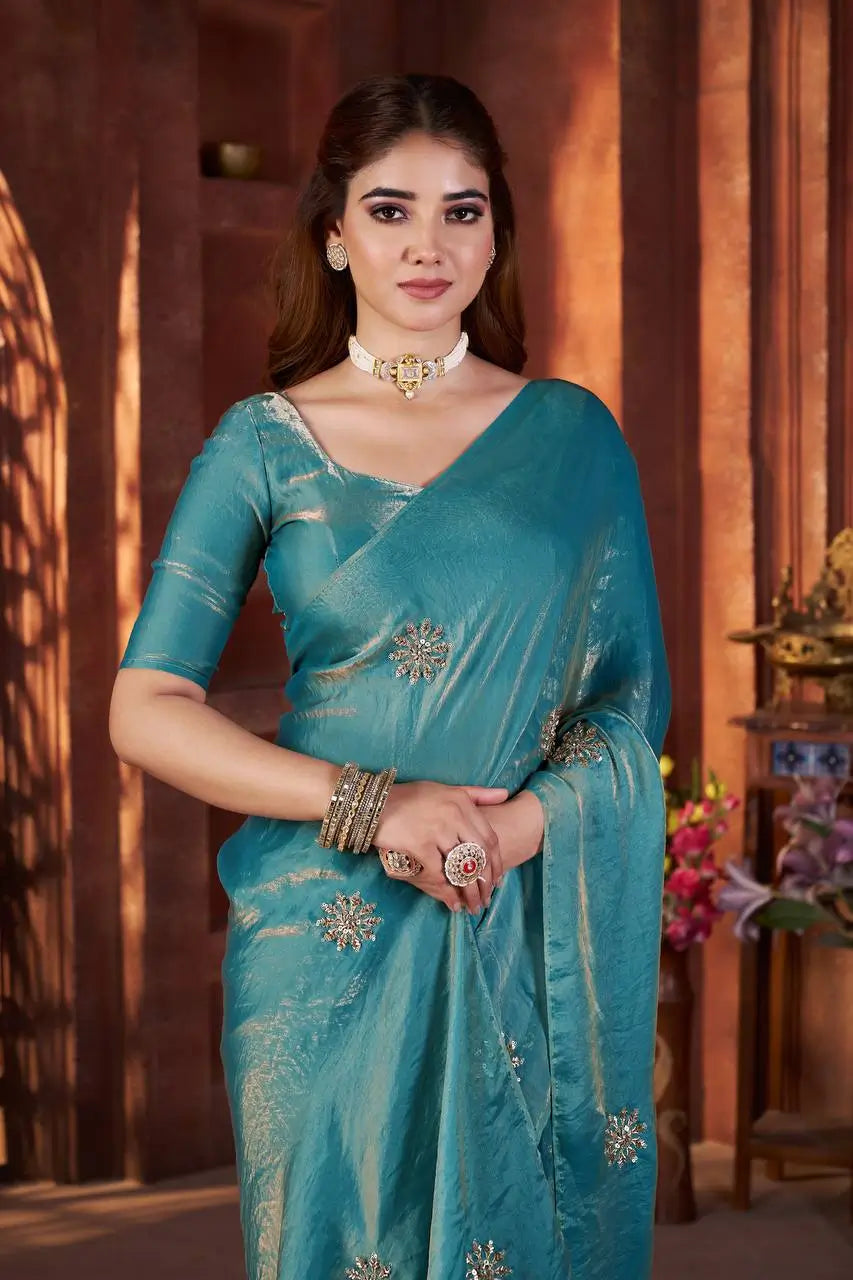 Hand Embroidered Satin Silk Saree