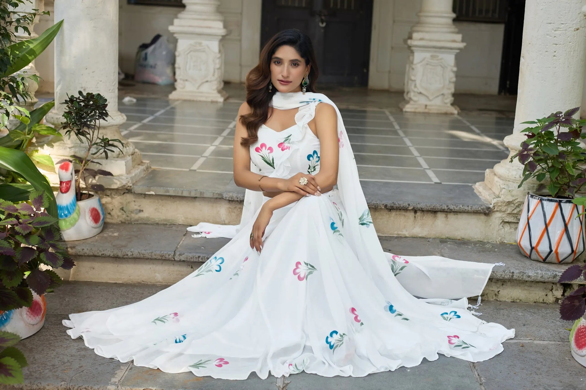 Hand Painted Floral Georgette Lehenga Set for Festive and Party Wear