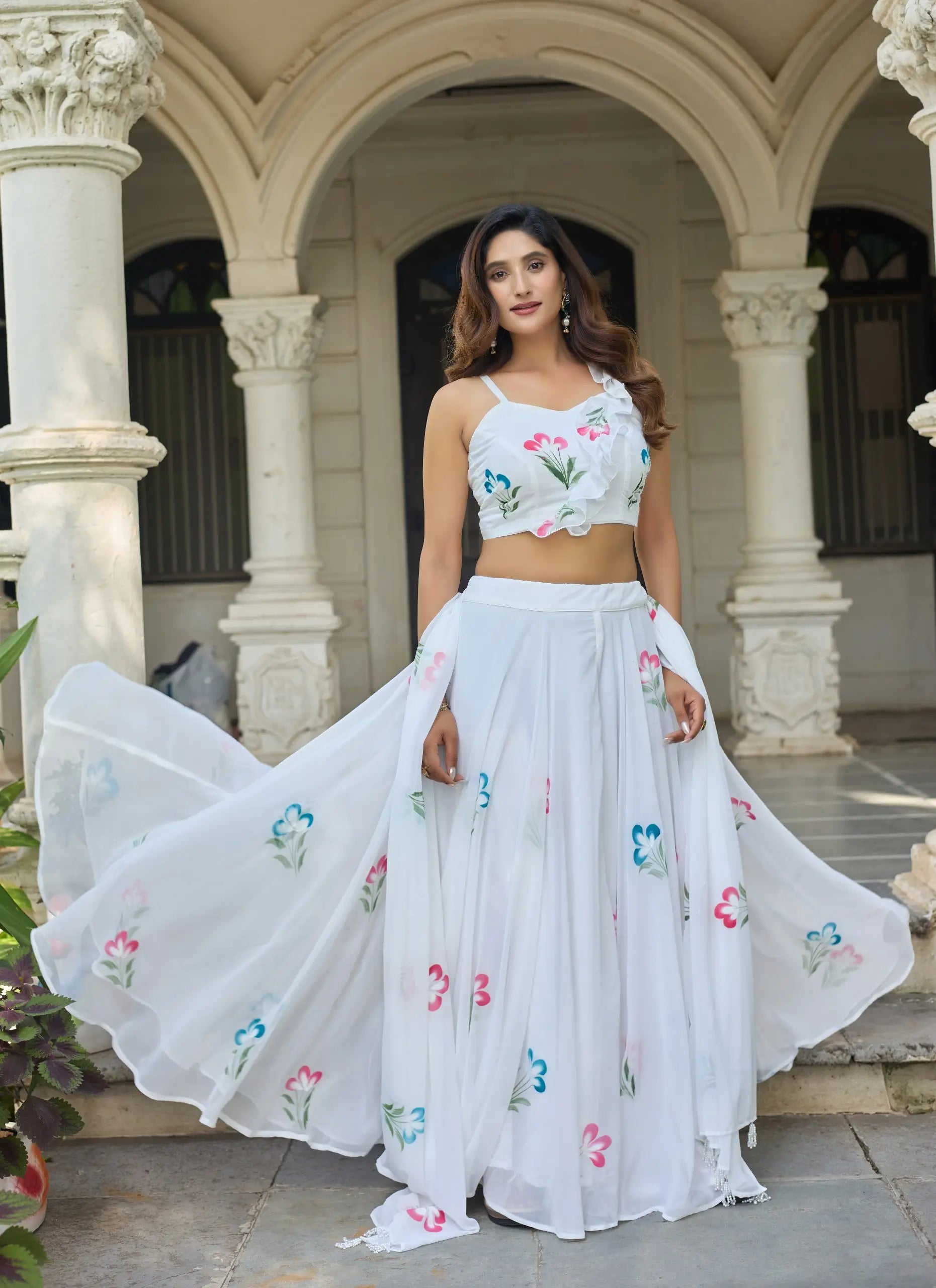 Hand Painted Floral Georgette Lehenga Set for Festive and Party Wear
