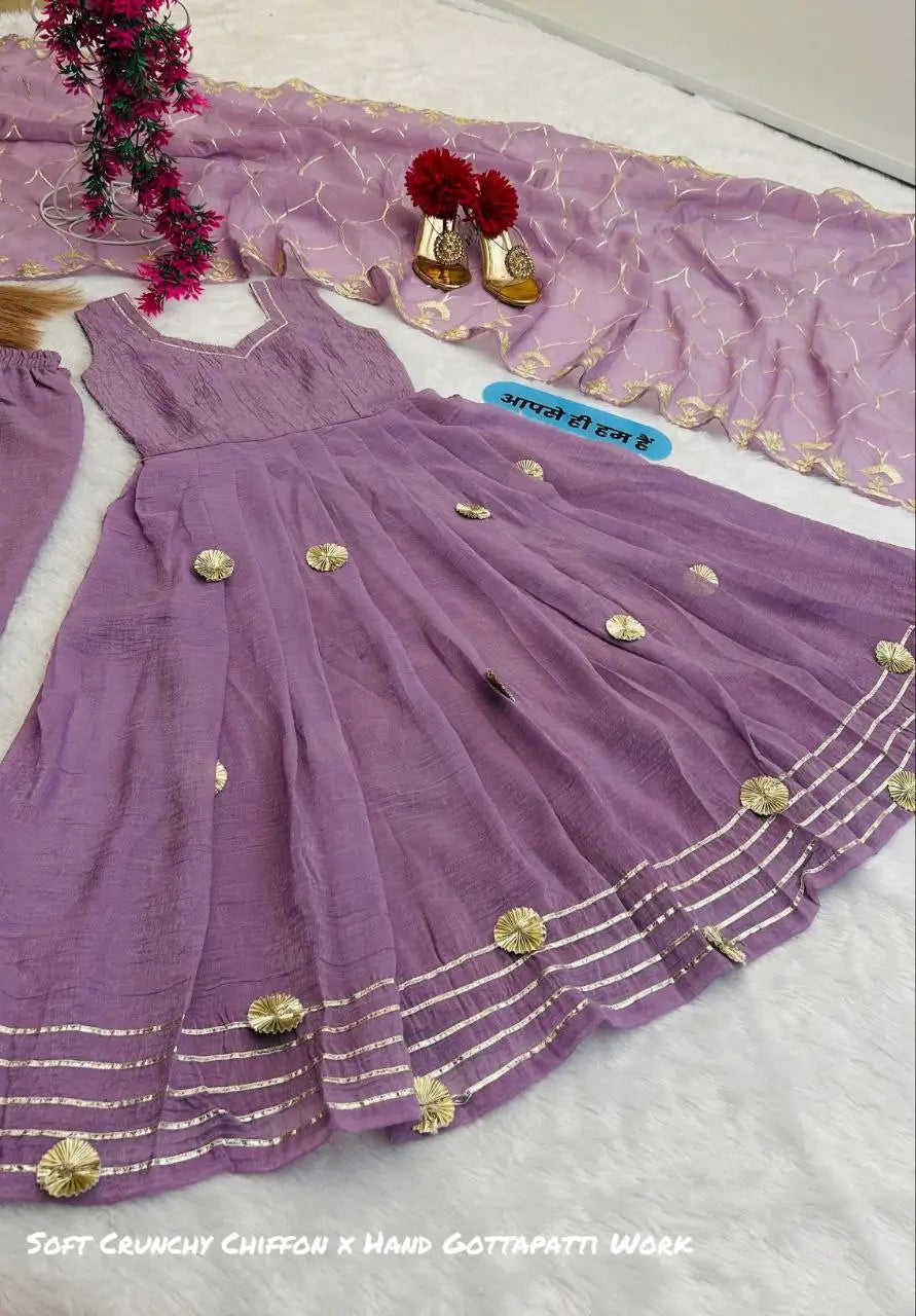 Handcrafted Chiffon Anarkali Palazzo Set with Gotta Patti Dupatta
