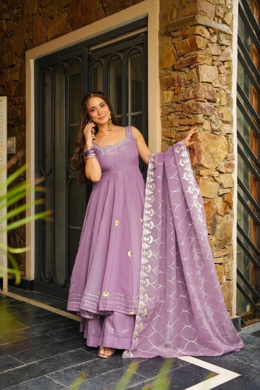 Handcrafted Chiffon Anarkali Palazzo Set with Gotta Patti Dupatta