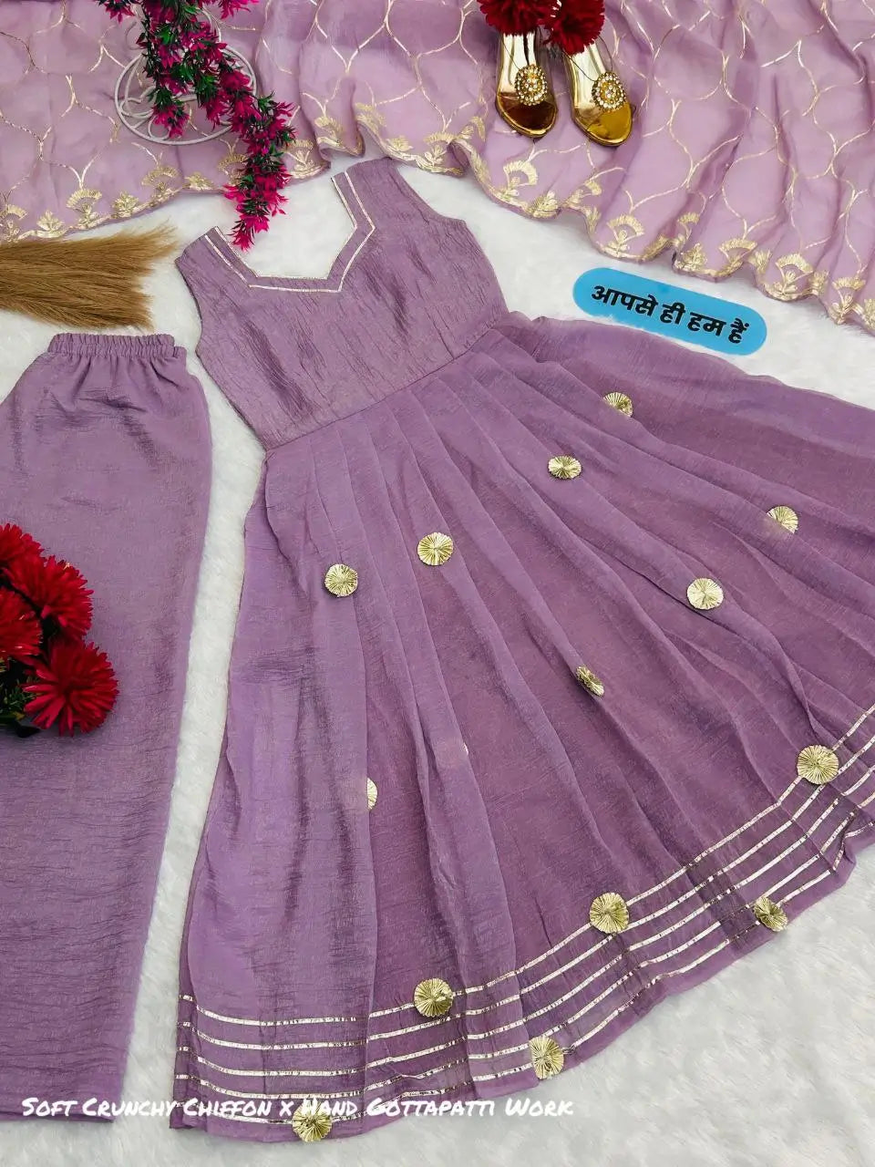 Handcrafted Chiffon Anarkali Palazzo Set with Gotta Patti Dupatta