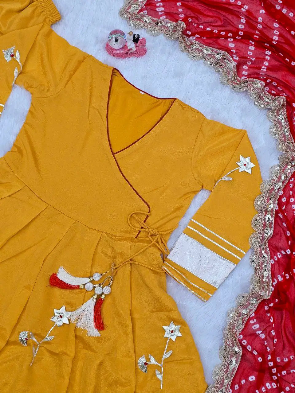 Handcrafted Chinon Anarkali Palazzo Set with Bandhani Dupatta