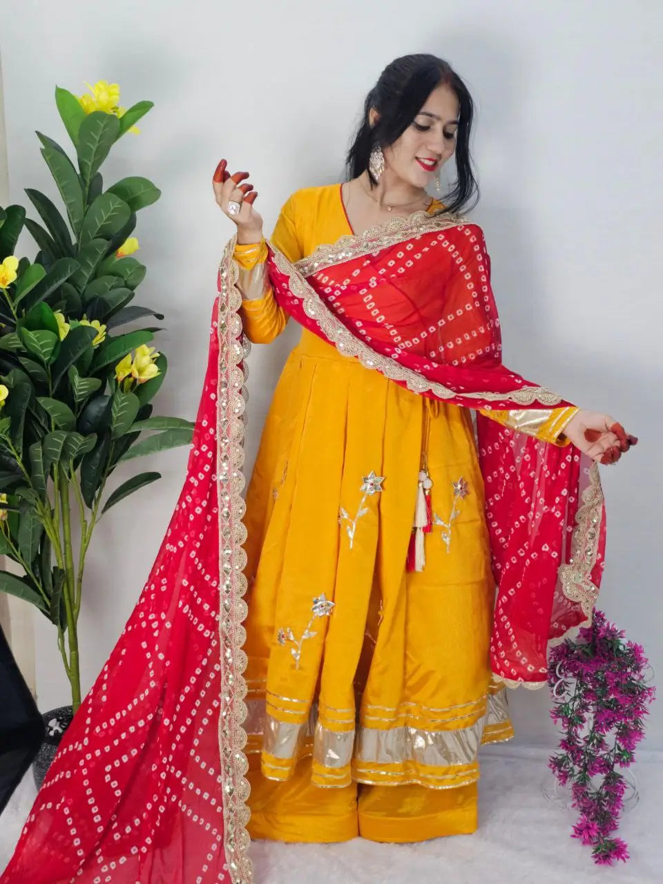 Handcrafted Chinon Anarkali Palazzo Set with Bandhani Dupatta