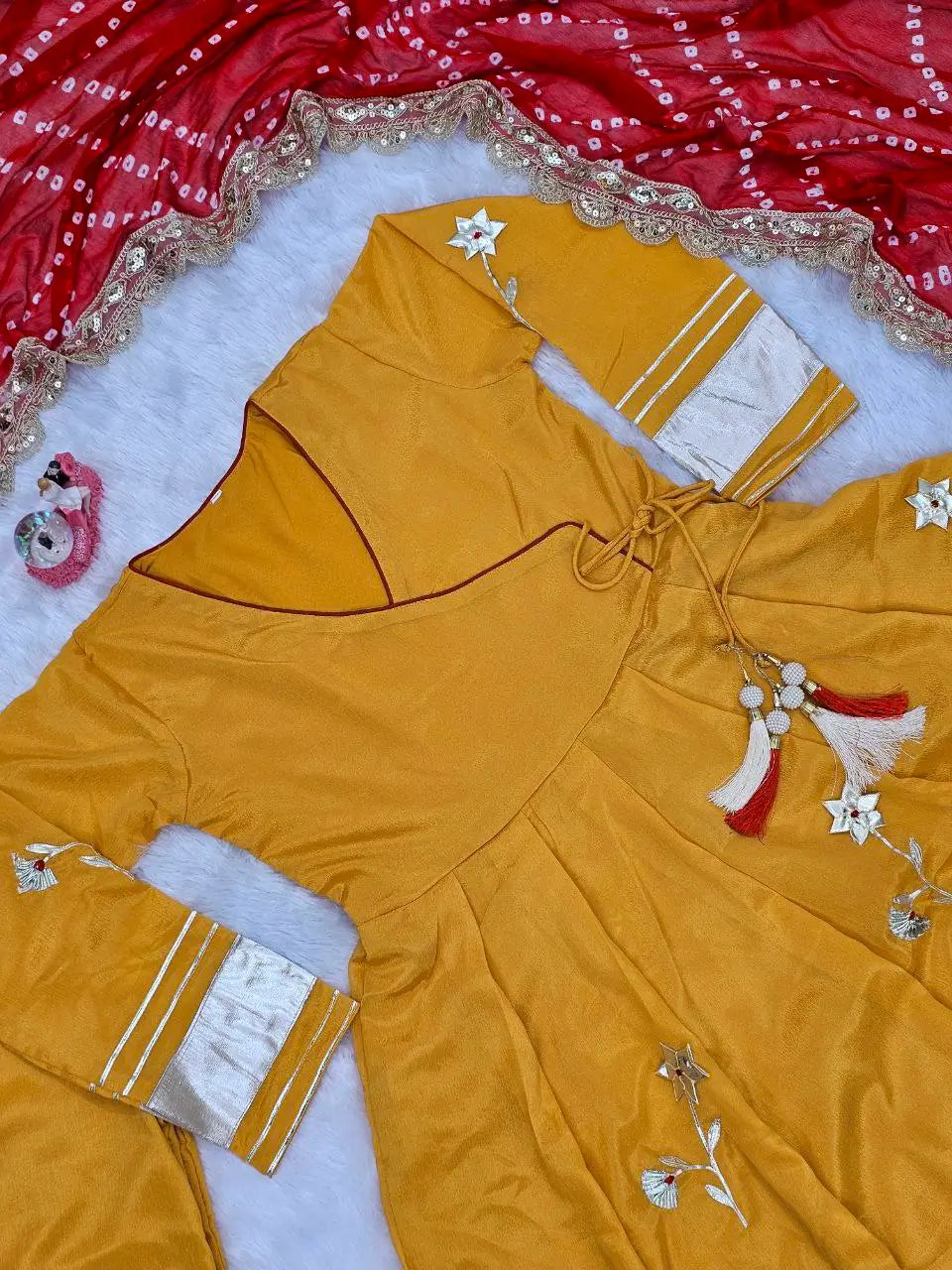 Handcrafted Chinon Anarkali Palazzo Set with Bandhani Dupatta