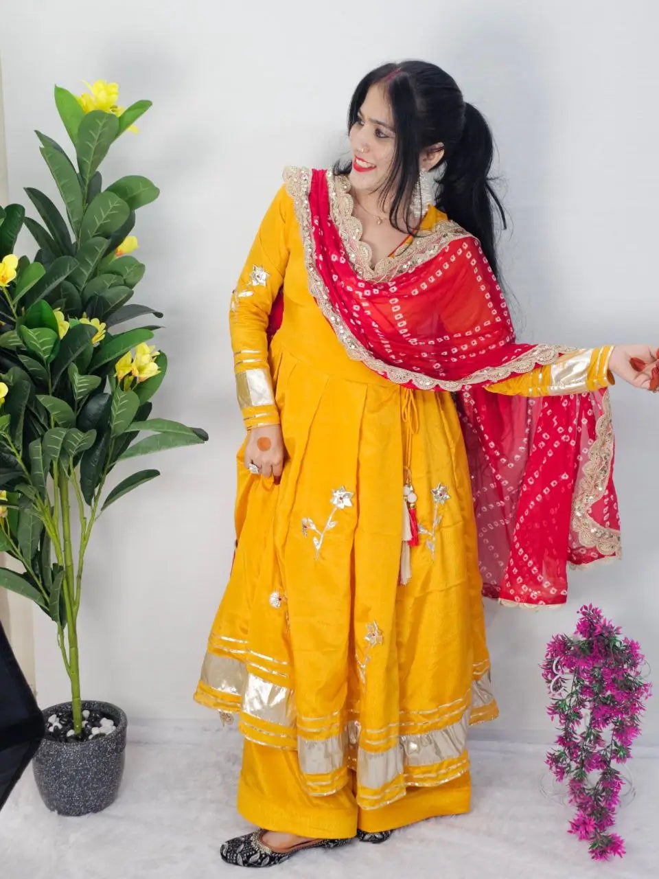 Handcrafted Chinon Anarkali Palazzo Set with Bandhani Dupatta