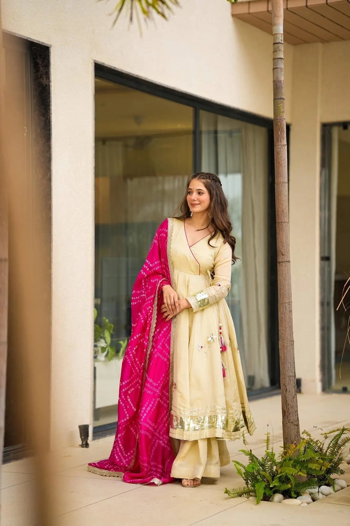 Handcrafted Chinon Anarkali Palazzo Set with Bandhani Dupatta