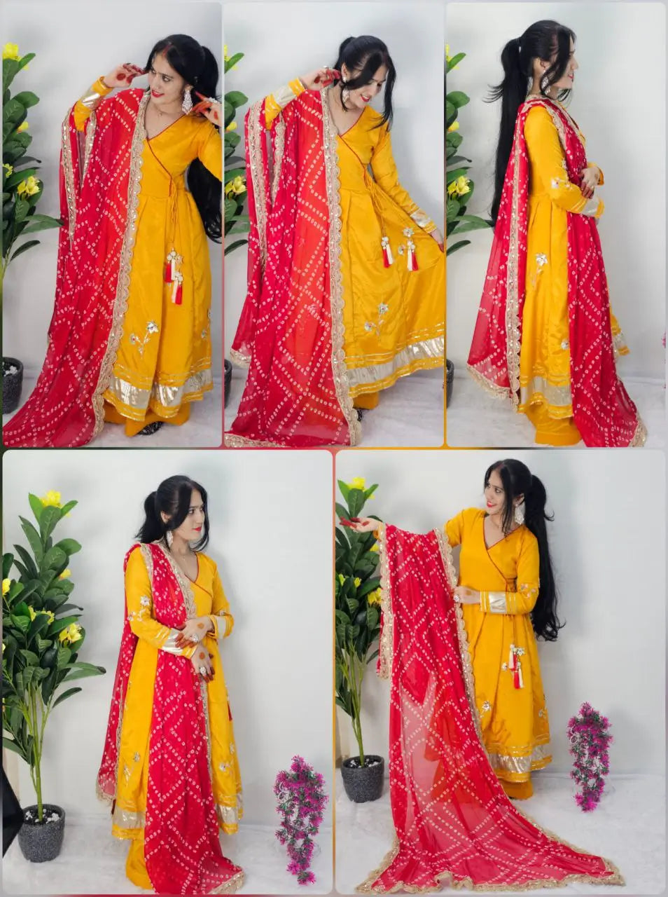 Handcrafted Chinon Anarkali Palazzo Set with Bandhani Dupatta