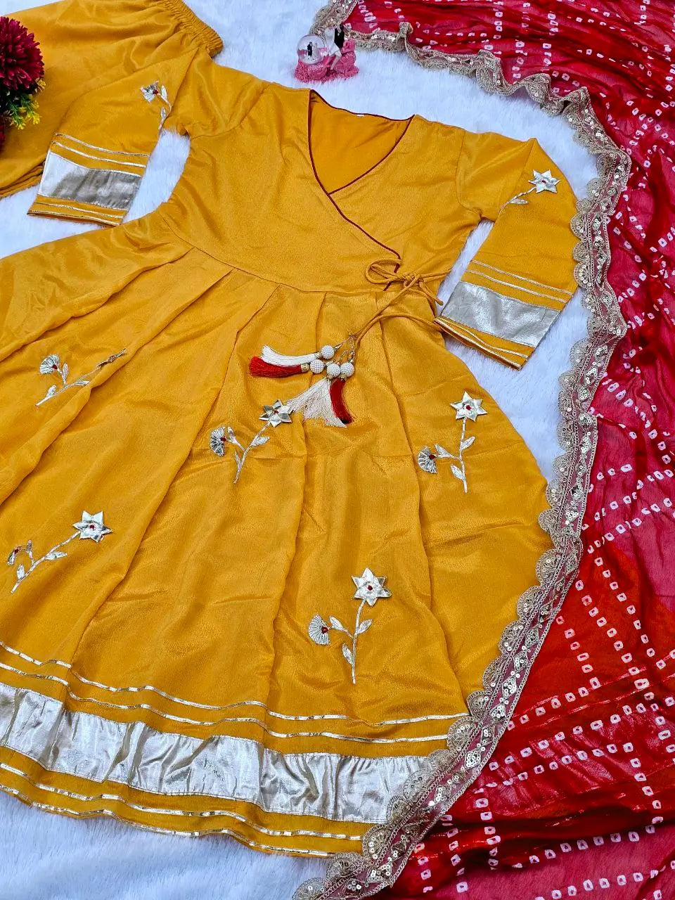Handcrafted Chinon Anarkali Palazzo Set with Bandhani Dupatta