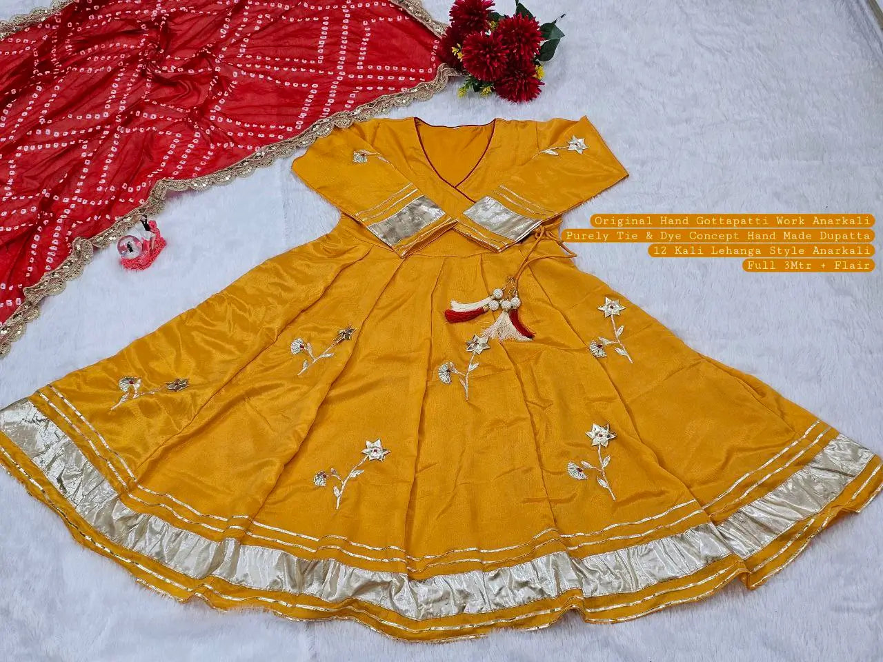 Handcrafted Chinon Anarkali Palazzo Set with Bandhani Dupatta
