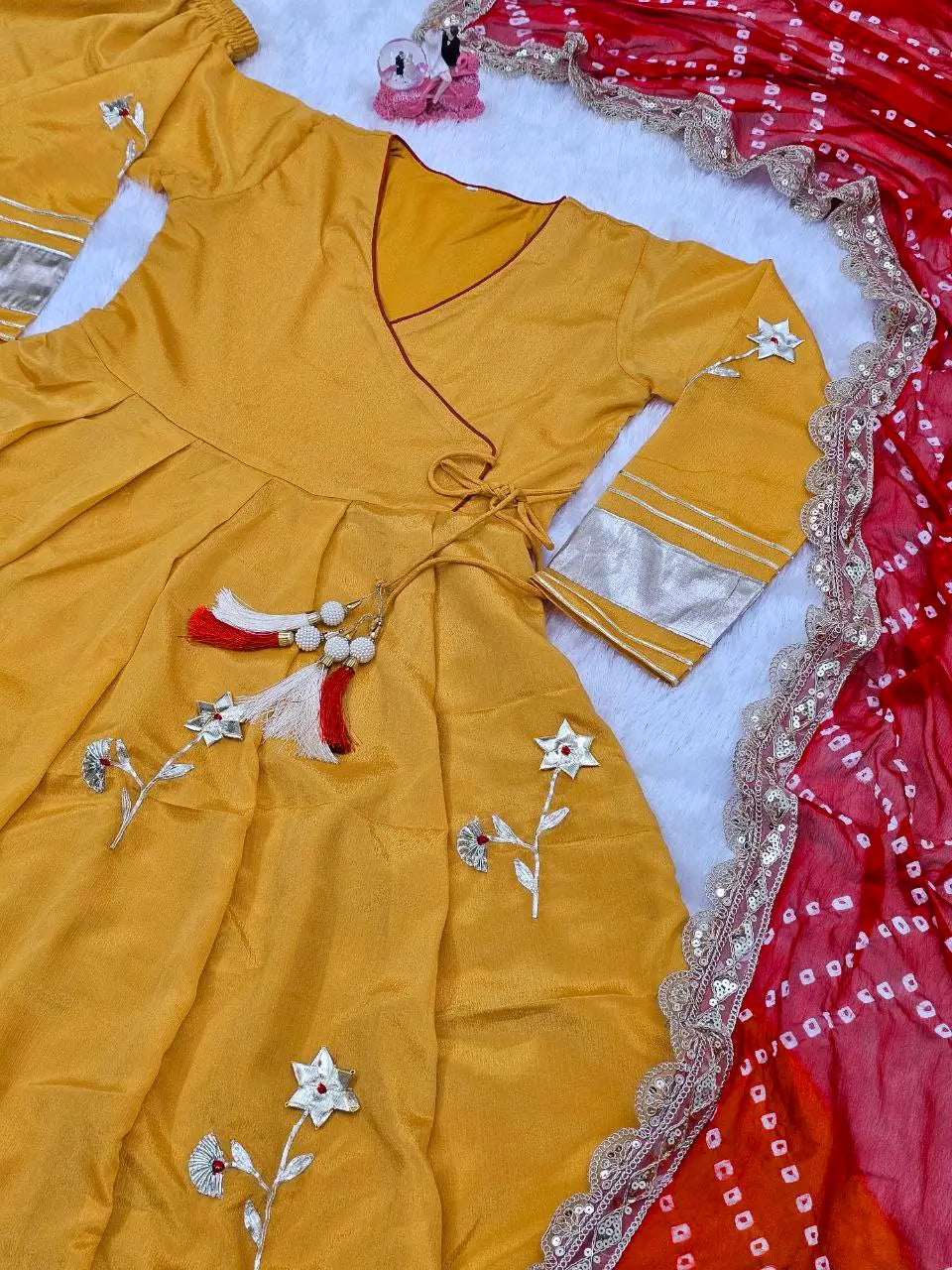 Handcrafted Chinon Anarkali Palazzo Set with Bandhani Dupatta