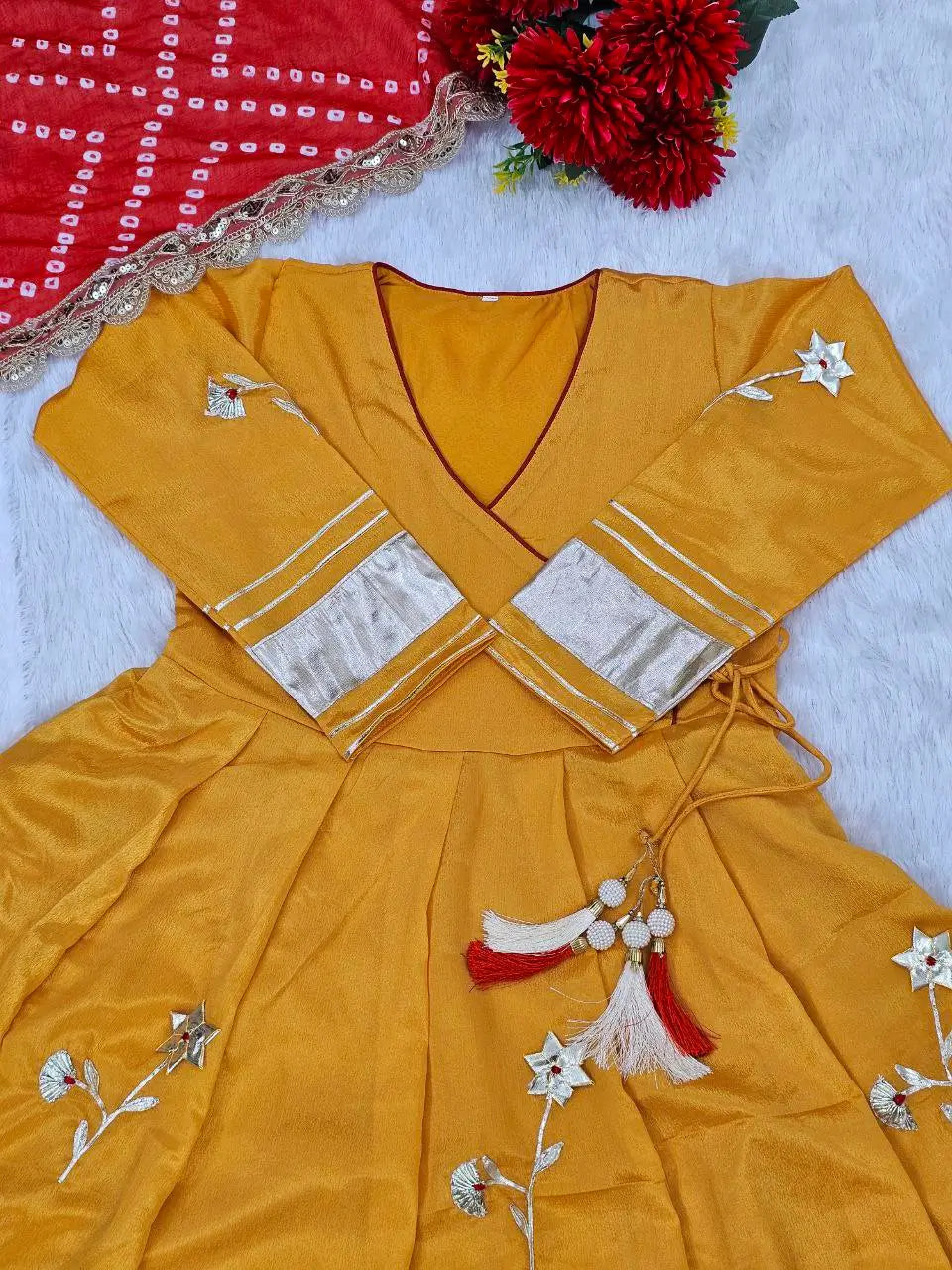 Handcrafted Chinon Anarkali Palazzo Set with Bandhani Dupatta