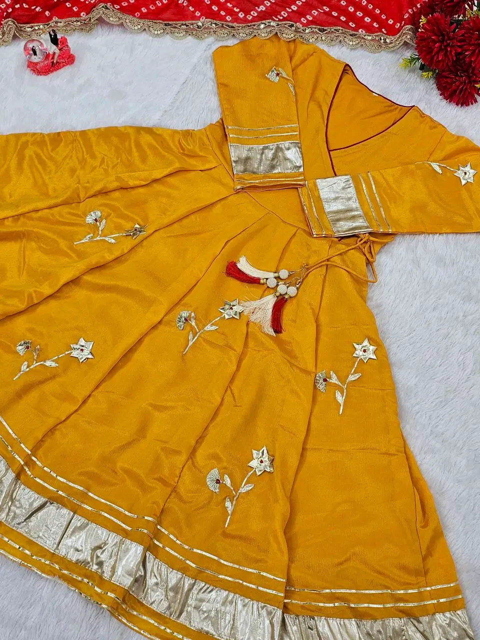 Handcrafted Chinon Anarkali Palazzo Set with Bandhani Dupatta