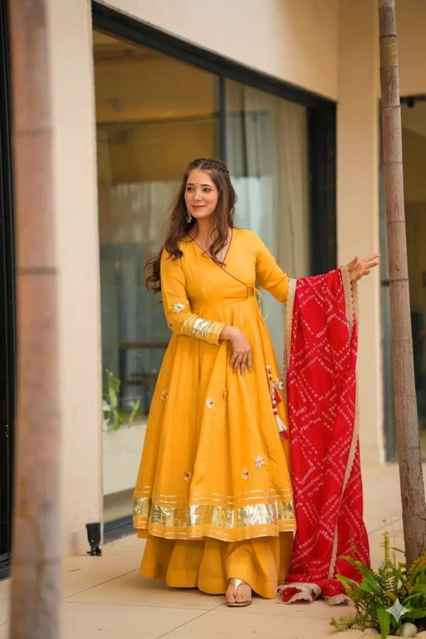 Handcrafted Chinon Anarkali Palazzo Set with Bandhani Dupatta