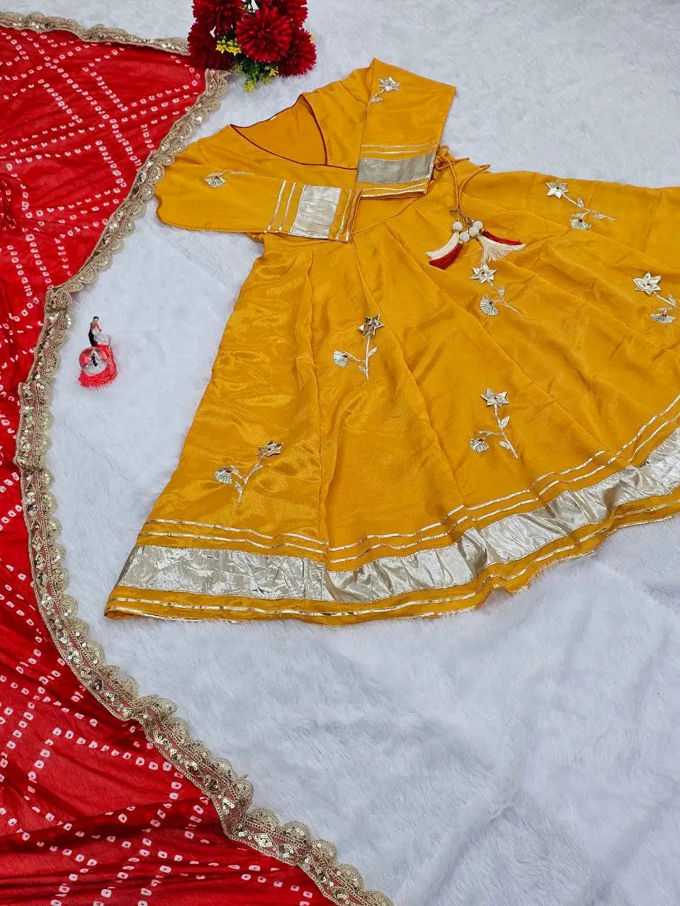 Handcrafted Chinon Anarkali Palazzo Set with Bandhani Dupatta