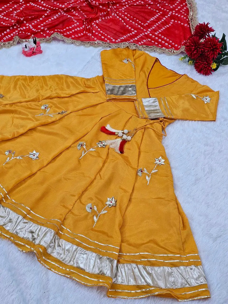 Handcrafted Chinon Anarkali Palazzo Set with Bandhani Dupatta