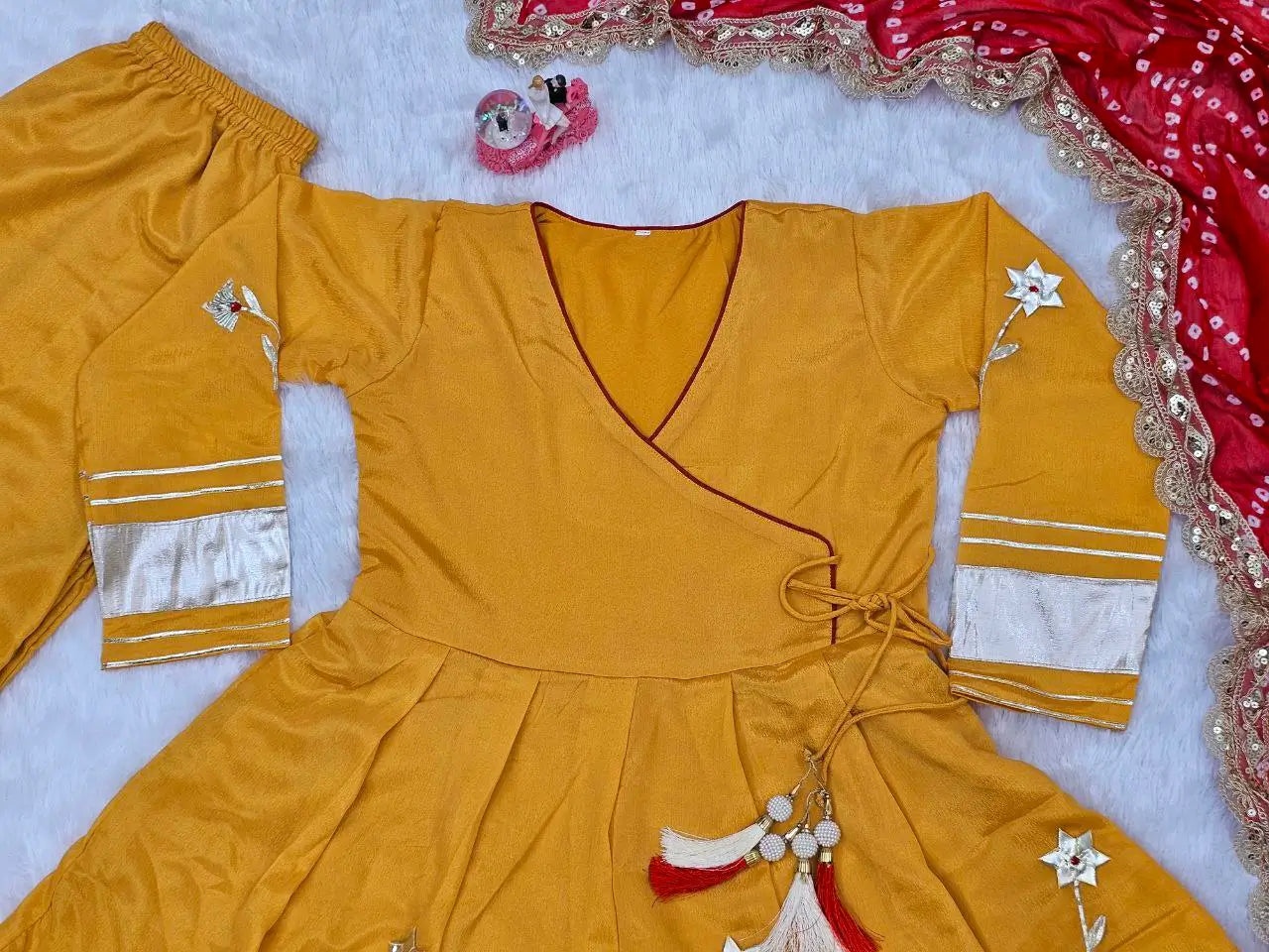 Handcrafted Chinon Anarkali Palazzo Set with Bandhani Dupatta