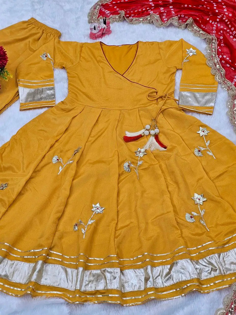 Handcrafted Chinon Anarkali Palazzo Set with Bandhani Dupatta