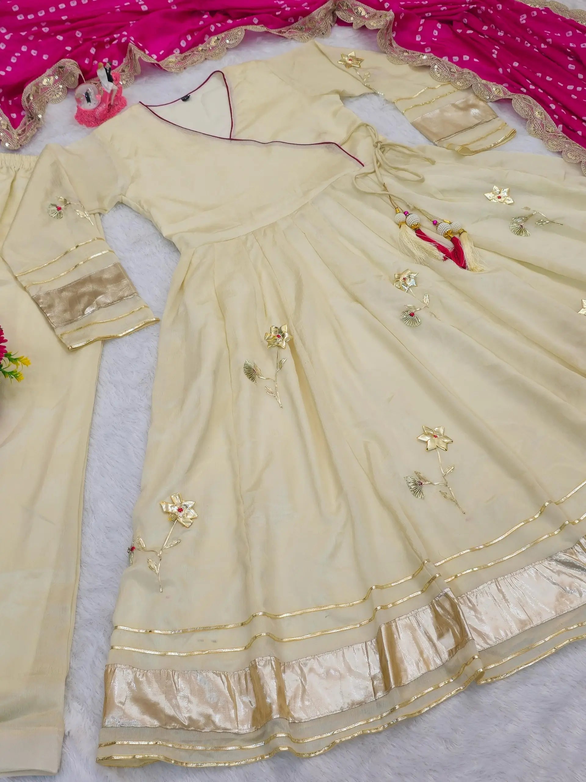 Handcrafted Chinon Anarkali Palazzo Set with Bandhani Dupatta