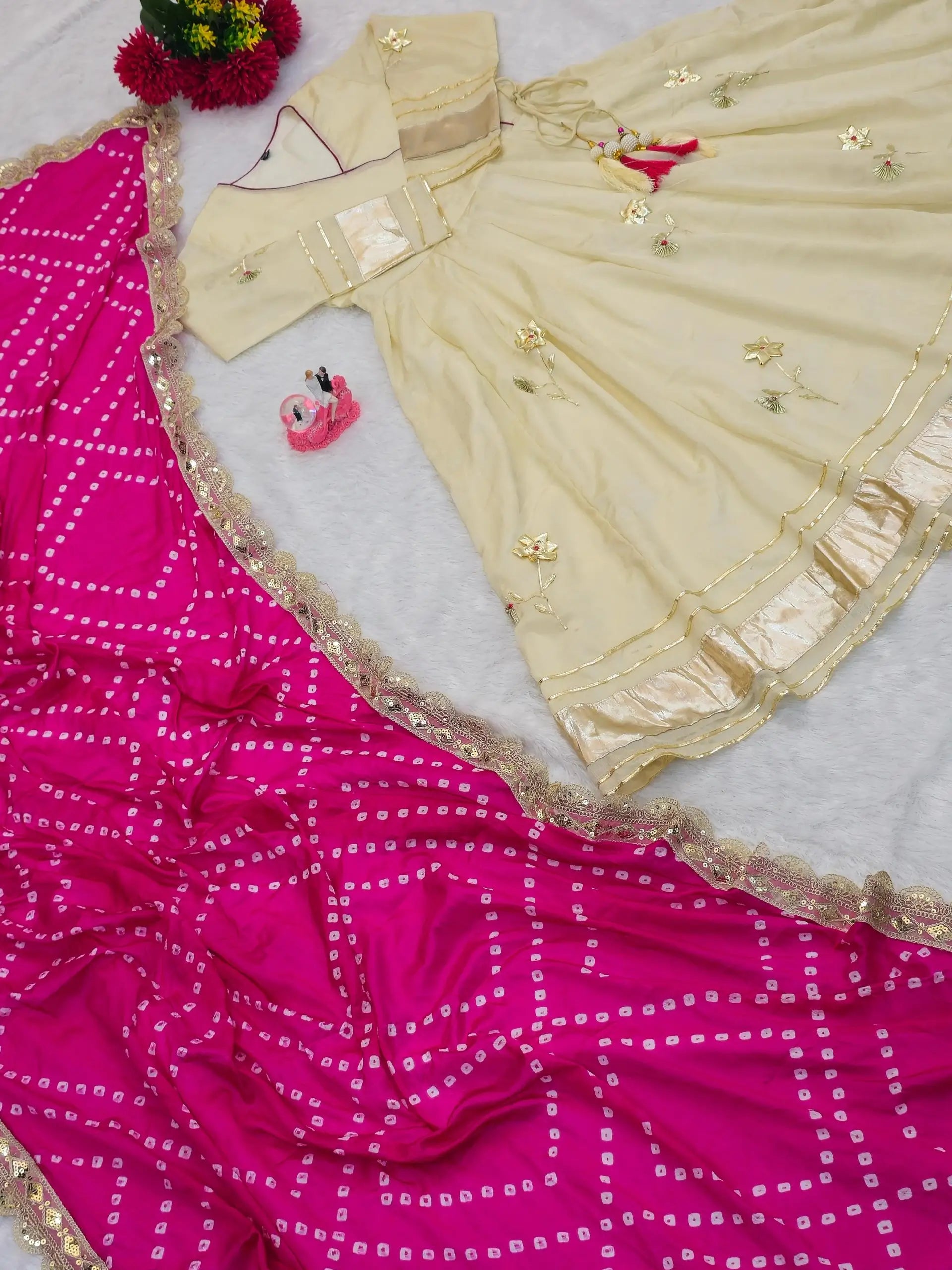 Handcrafted Chinon Anarkali Palazzo Set with Bandhani Dupatta