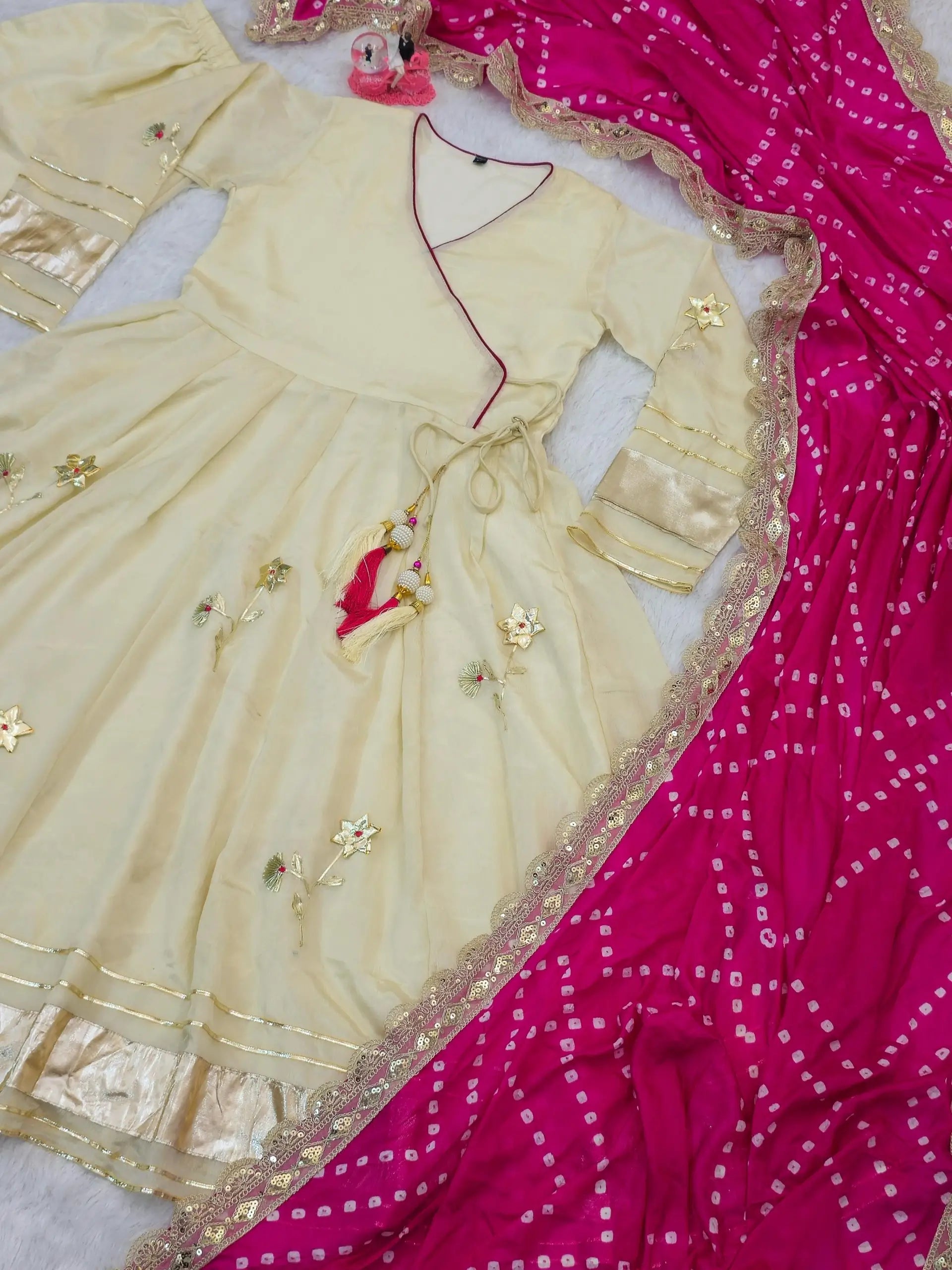 Handcrafted Chinon Anarkali Palazzo Set with Bandhani Dupatta