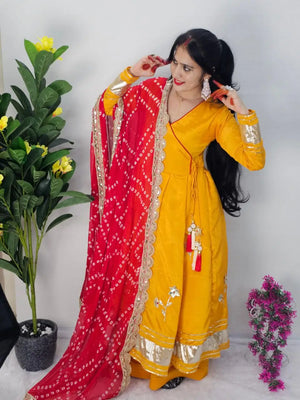 Handcrafted Chinon Anarkali Palazzo Set with Bandhani Dupatta