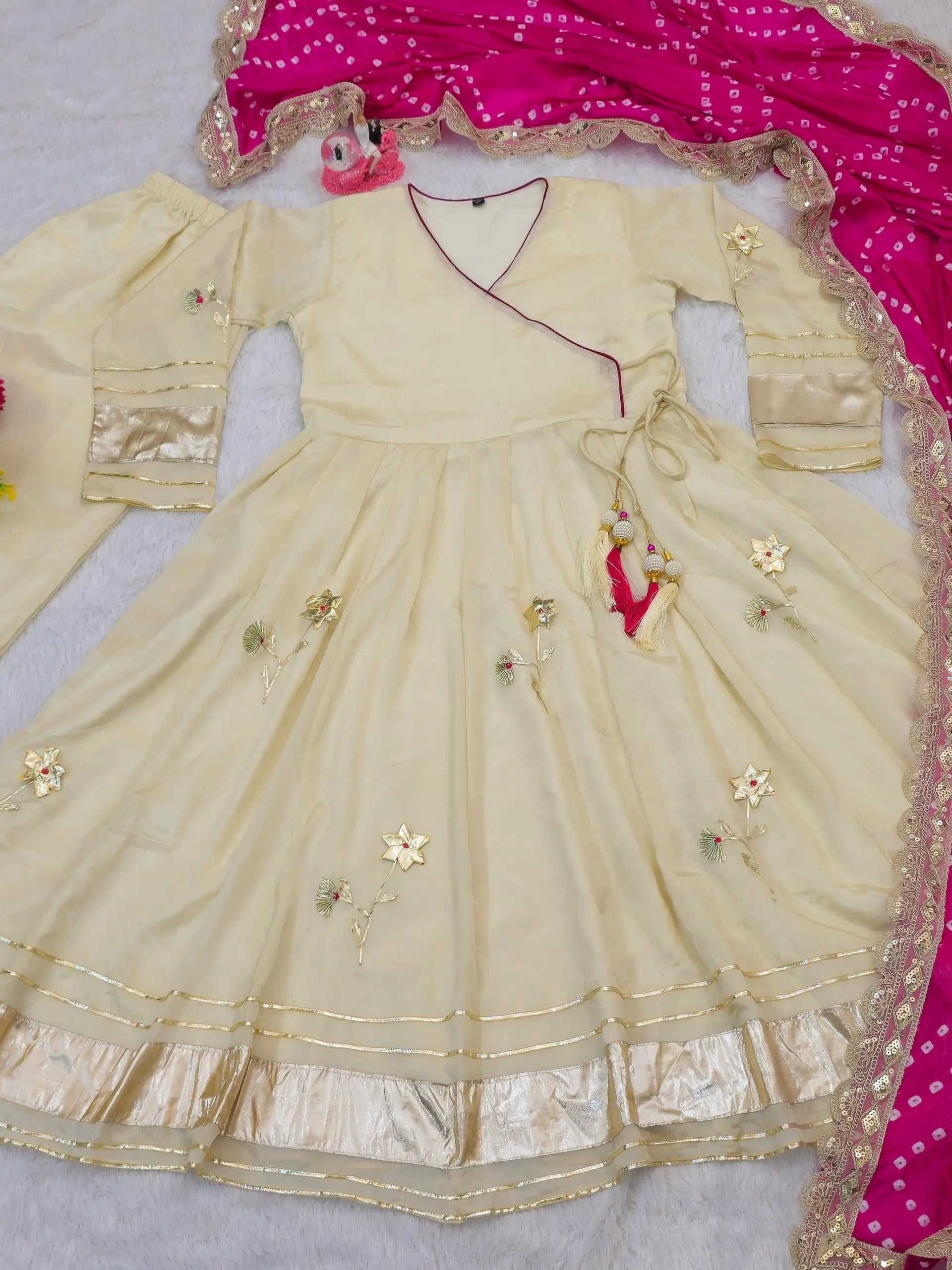 Handcrafted Chinon Anarkali Palazzo Set with Bandhani Dupatta