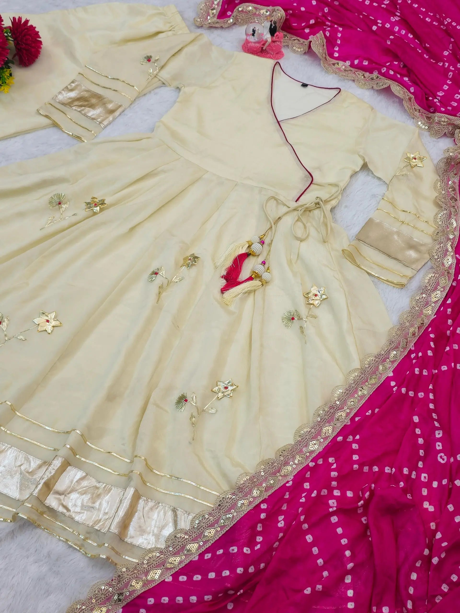 Handcrafted Chinon Anarkali Palazzo Set with Bandhani Dupatta
