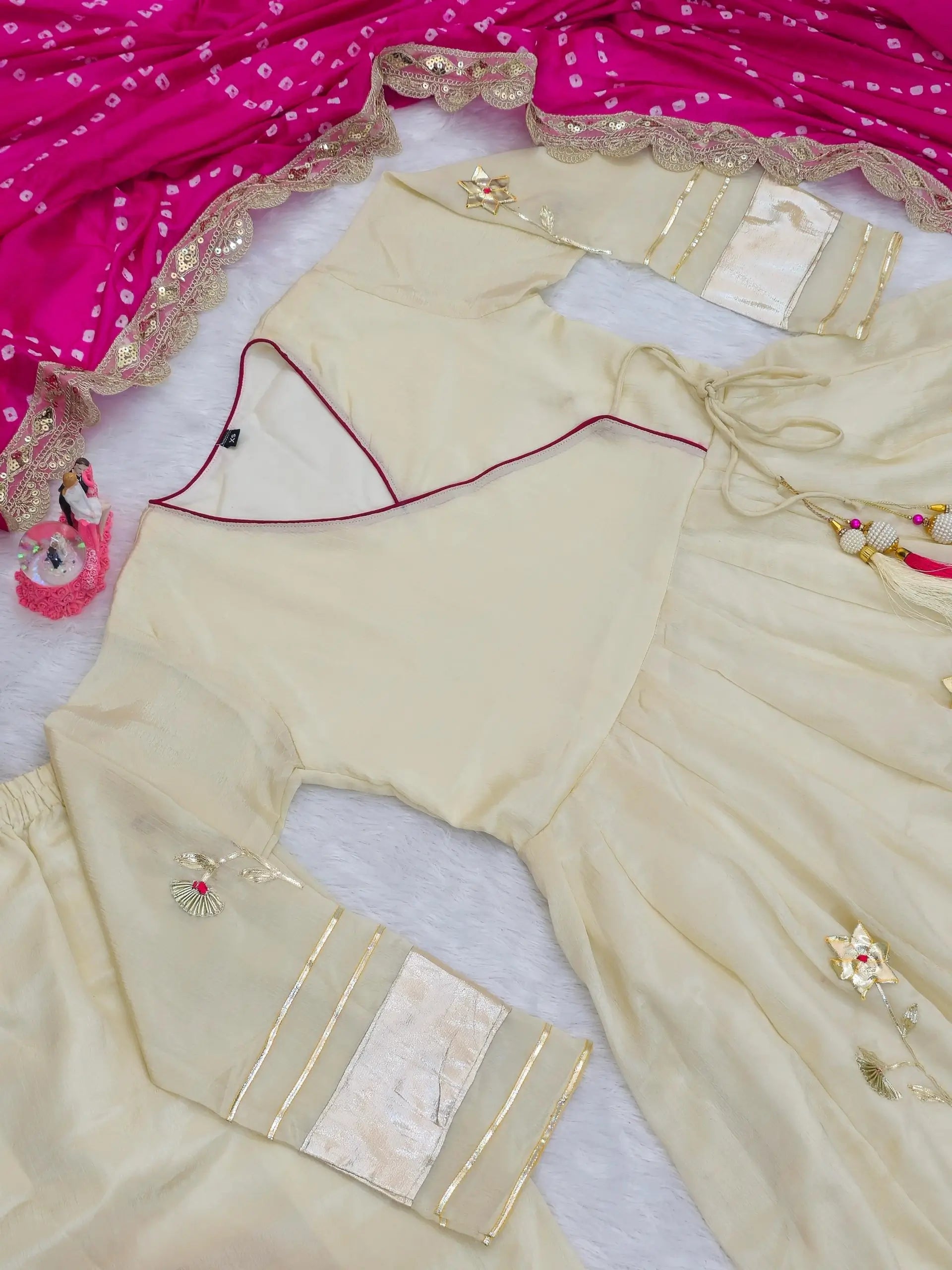 Handcrafted Chinon Anarkali Palazzo Set with Bandhani Dupatta